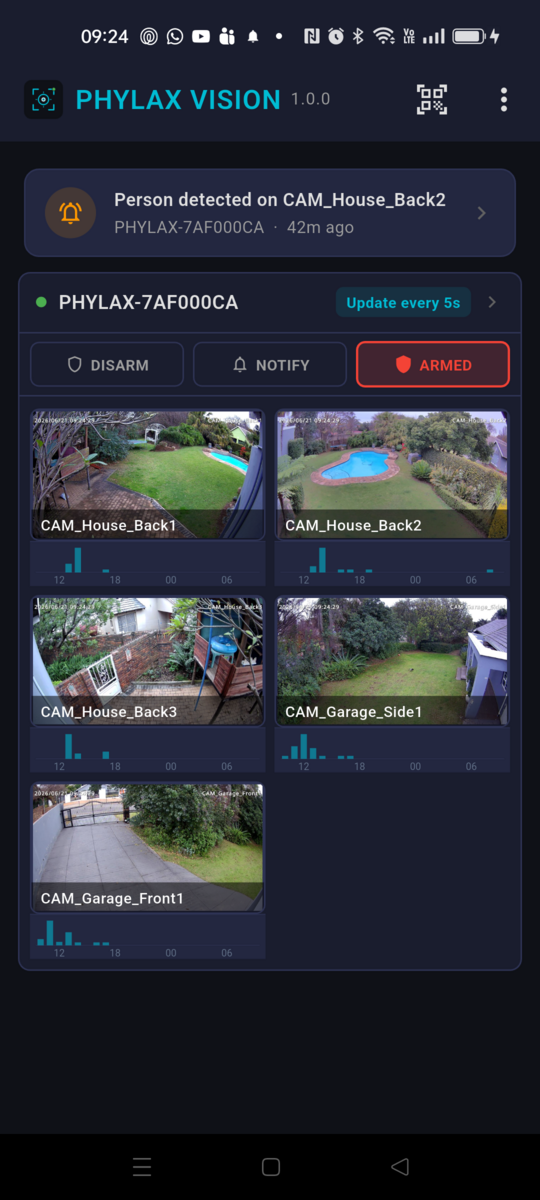 Home — live feeds and armed status