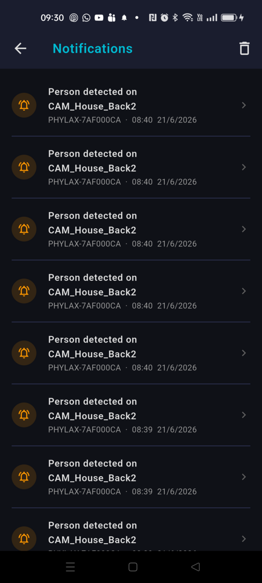 Detection notifications list