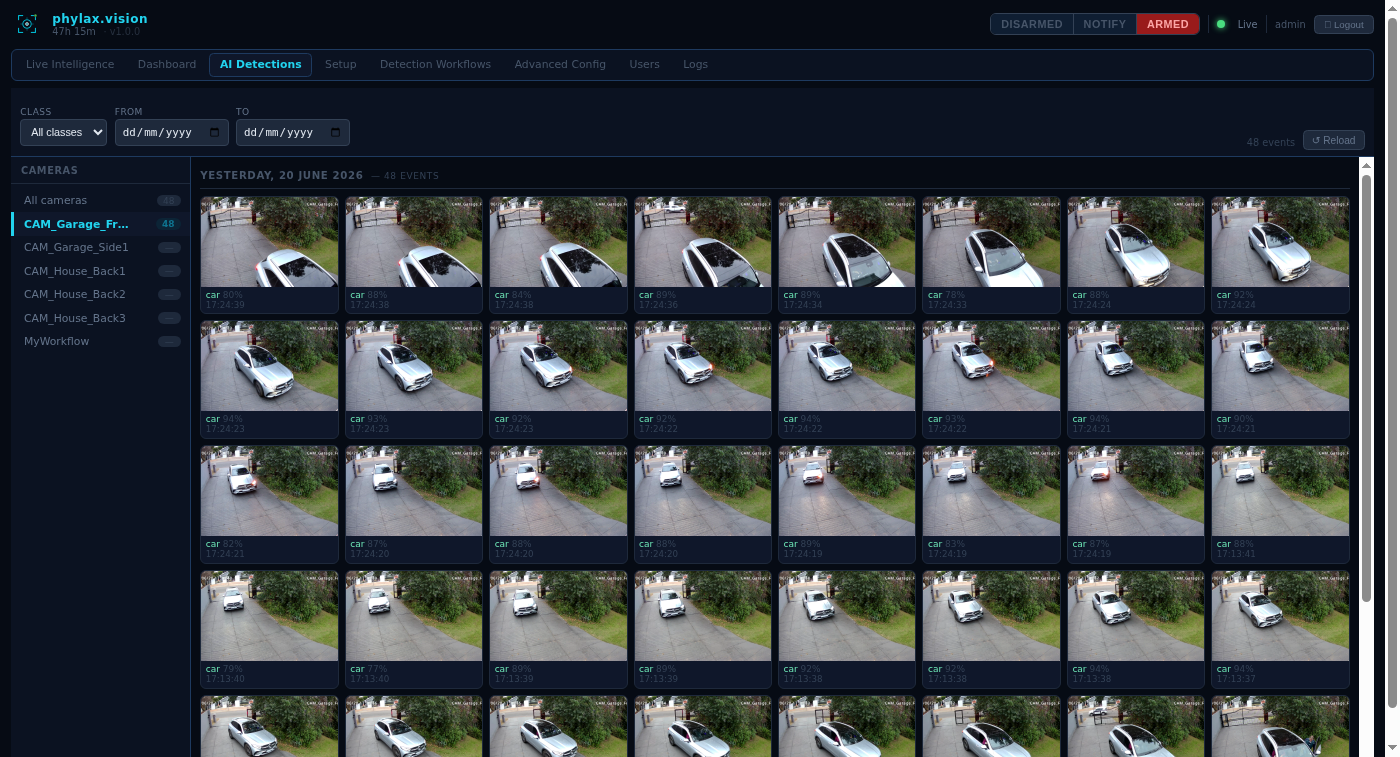 AI Detections — thumbnail grid of all detection events
