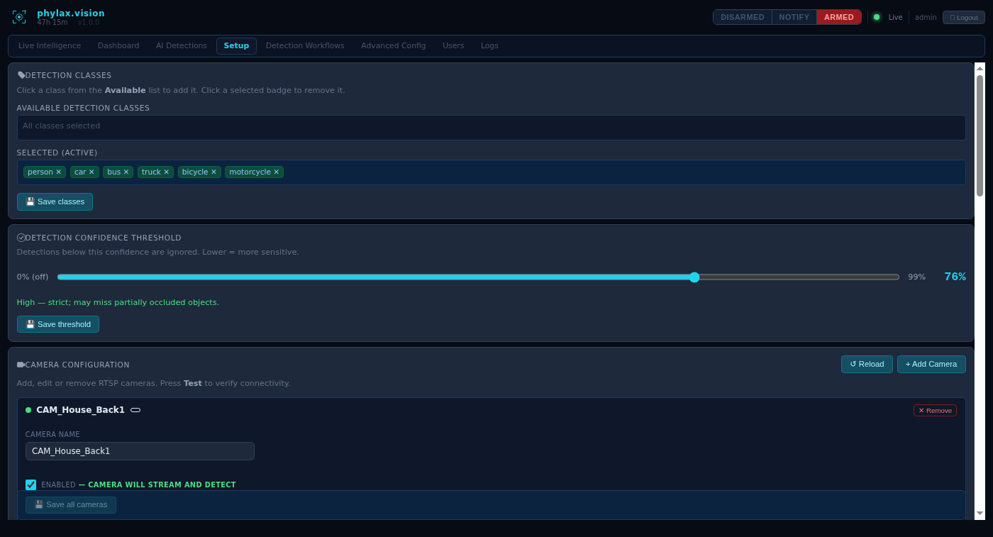 Setup — detection classes, confidence threshold, camera config