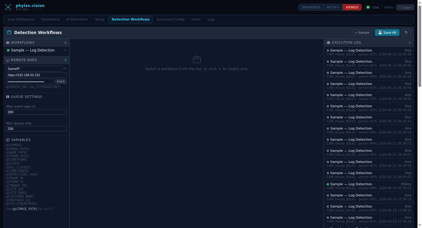 Detection Workflows — automation triggers and execution log