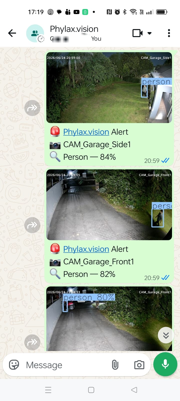 Phylax.vision WhatsApp group — real detection alerts with AI-annotated snapshots